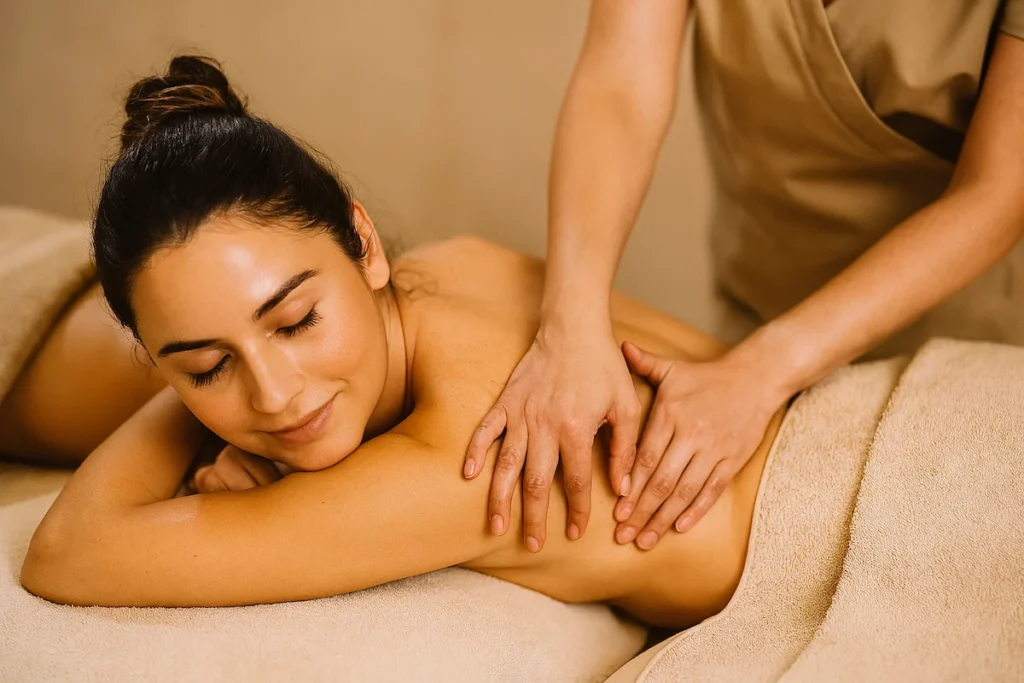 Massage therapy being received at Family Tree Chiropractic with a relaxing woman smiling
