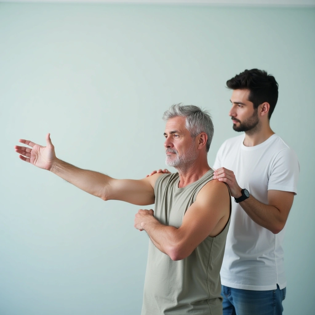 Shoulder pain treatment for chronic frozen shoulder with chiropractor testing arm flexibility with male patient