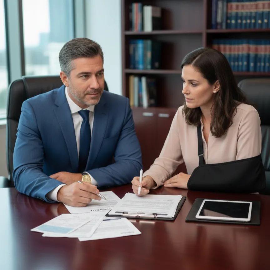 Personal injury attorney meeting with injured client to review insurance claims
