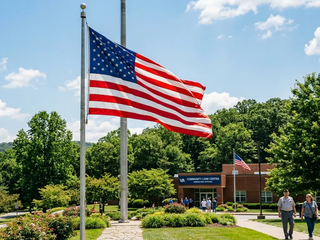 American flag on pole outside VA Community Care building blue skies and green grass